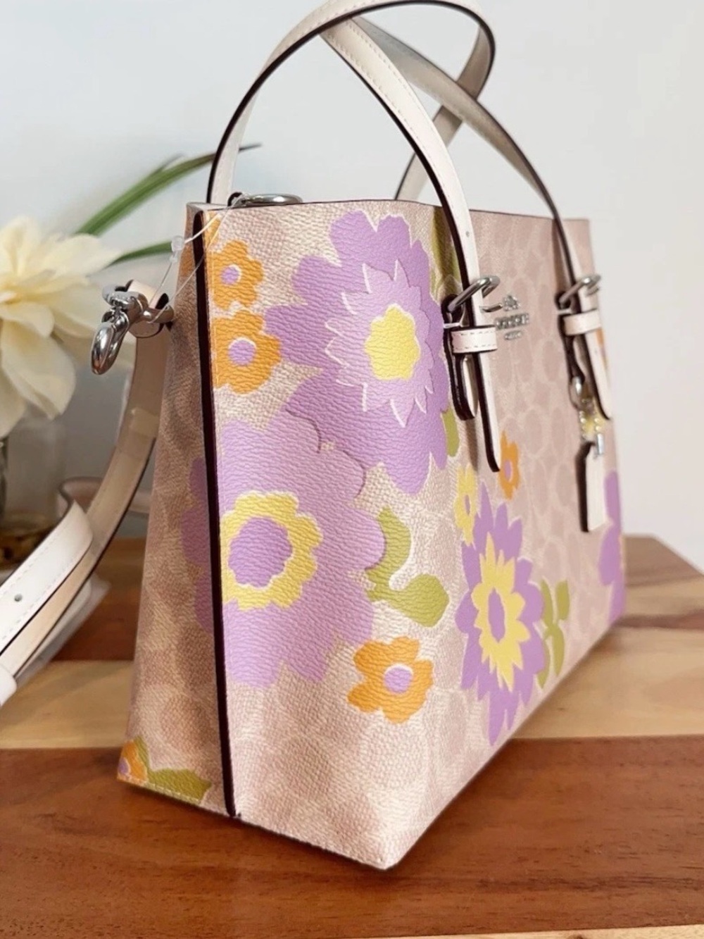 Coach Beige Tote with Purple and Yellow Floral Design - Picture 6 of 14